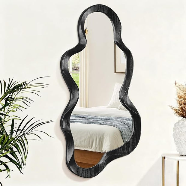 Asymmetrical Mirror Irregular Wall Mirror Modern Wood Frame Unique Mirrors Cute and Stylish Cloud Wavy Mirrors Decorative for Cloakroom Bedroom Living Room Bathroom Entryway 30"x14"