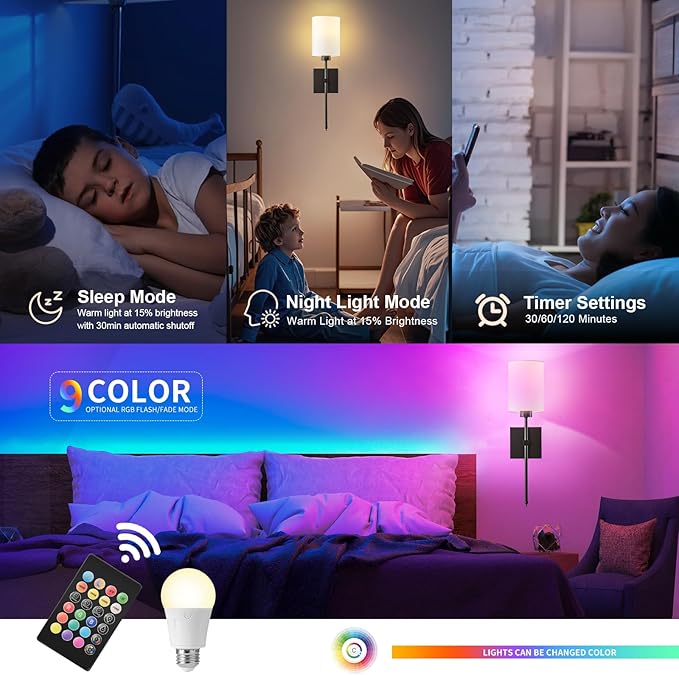 Battery Operated Wall Sconce Set of Two, Wireless Rechargeable Wall Light with Remote Control, Dimmable, 4 Color Temperatures, RGB, Timer, for Living Room,Bedroom,Entryway, Black, 20.6 Inch