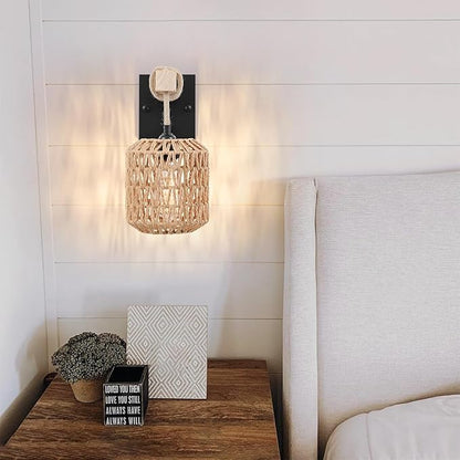 Rattan Boho Wall Sconces Set of Two, Hardwired Hand-Woven Farmhouse Wall Lamps with Wooden Arm & On/Off Dimmable Switch,Large Rustic Indoor Wall Mount Light Fixtures for Bedroom Nursery Bathroom