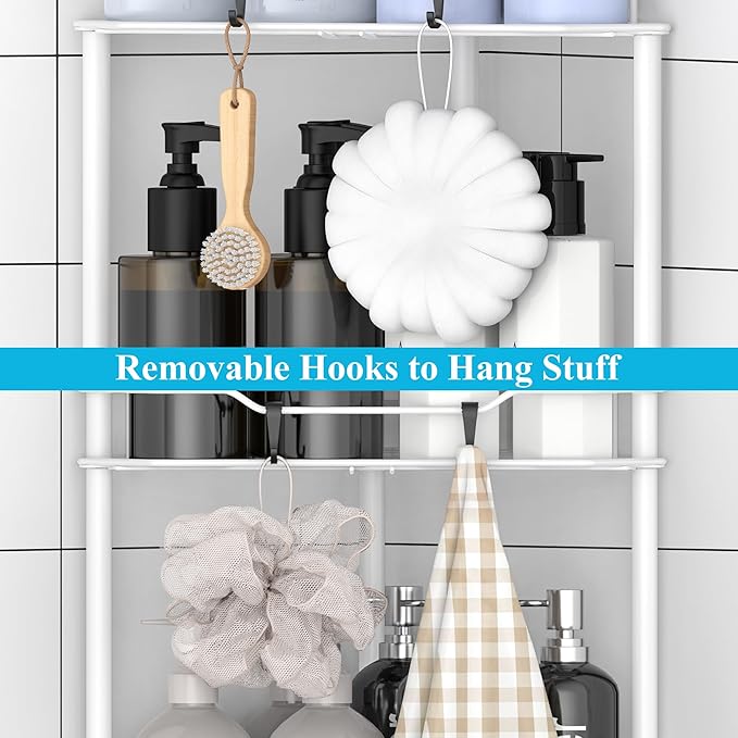 4 Tier Floor Standing Corner Shower Caddy Organizer Shelf with Hooks, Bathroom Shelves Stand Rack, White