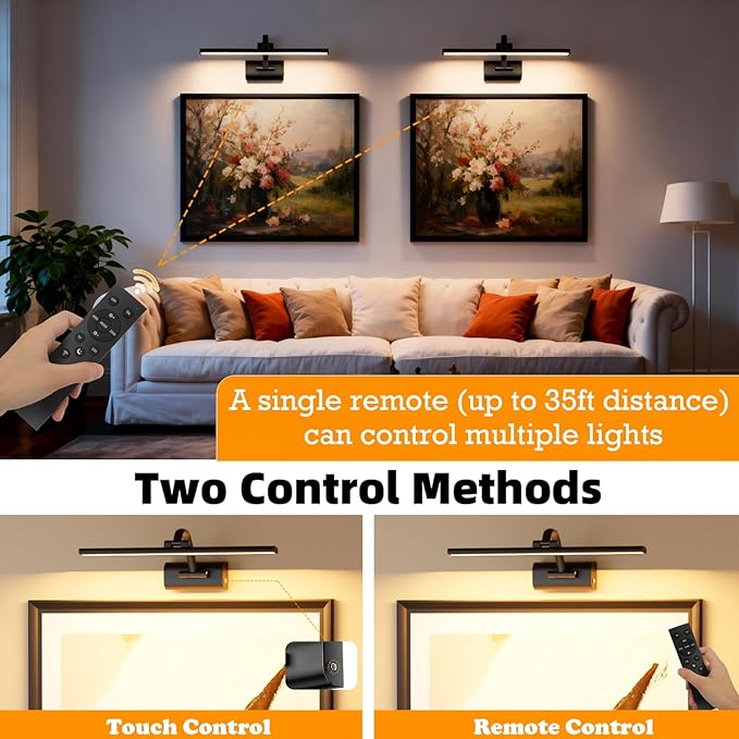 Picture Lights for Wall, 8000mAh Rechargeable Battery Operated Picture Light with Remote, 23.6" Dimmable 3 Colors Wireless Art Lighting for Paintings Picture Frame Gallery Dartboard, Black