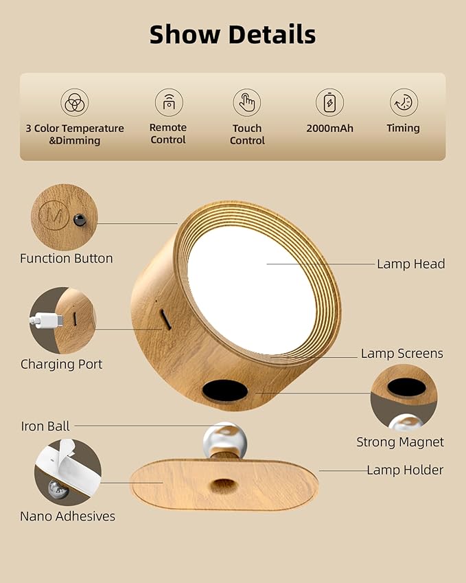 LED Wall Mounted Lights, Rechargeable Wall Sconces Lamp, 3 Color Temps & Remote and Touch, 360°Rotation Dimmable Cordless Wall Light for Study Bedroom Reading Bedside(Wood, 1 Pack)