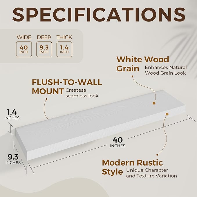 Dreamland 40 Inch Long Floating Shelves in White,9.3 Inch Deep Floating Shelf for Wall,Large Display & Storage Shelf, Wall Shelf for Bathroom Bedroom Living Room Kitchen Office，Set of 2