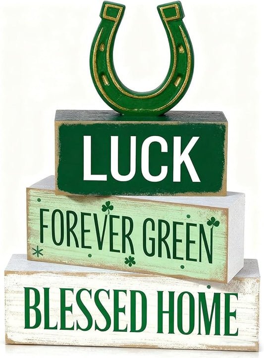 St. Patrick’s Day Decorations - St Patrick Day Lucky Horseshoe Tiered Tray Decor Set - Wooden Tabletop Decoration - Rustic Farmhouse Holiday Home Decor for Indoor Shelf Mantel Coffee Table Gift
