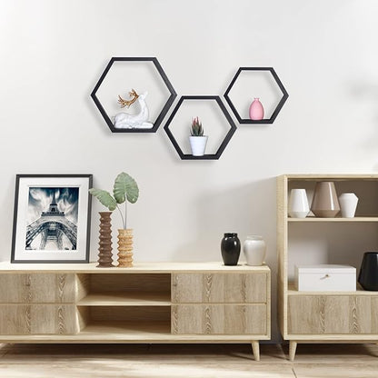 PHOENANCEE Hexagon Floating Shelves,Honeycomb Shelves Set of 3,Wall Mounted Wood Farmhouse Hexagonal Storage Shelf for Bathroom, Kitchen, Bedroom, Living Room