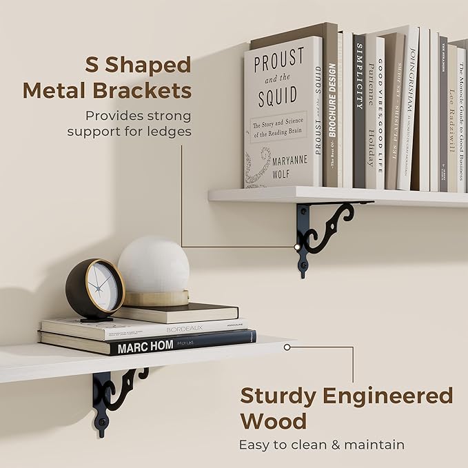RICHFOCUS Floating Shelves for Wall Decor, 39.4W x 8D Shelves Set of 2, 8 Inch Deep Rustic Wood Shelves Wall Mounted with Brackets, Long Floating Shelves for Living Room Bedroom Kitchen, White