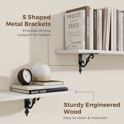 RICHFOCUS Floating Shelves for Wall Decor, 39.4W x 8D Shelves Set of 2, 8 Inch Deep Rustic Wood Shelves Wall Mounted with Brackets, Long Floating Shelves for Living Room Bedroom Kitchen, White