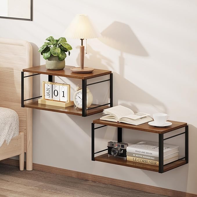 Floating Nightstand Wall Shelf, Wood Bedside Shelf Wall Mounted Nightstand Set of 2, Floating Bedside Table for Bedroom, Living Room, Bathroom, Kitchen, Office (Vintage Brown)