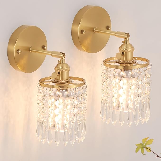 Set of 2 Crystal Battery Operated Wall Sconce, Rechargeable Battery Powered Wall Lamp with Remote Control, Modern Dimmable Wireless Wall Lights for Bedroom Bathroom(Transparent, Gold Base)