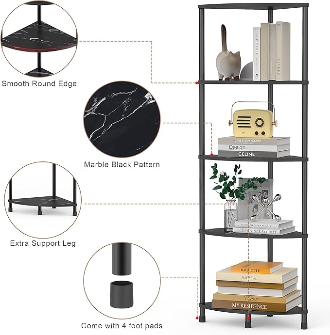 Book Shelf Corner Shelf, 5 Tier Corner Bookshelf Display for Living Room Decor, 44.1