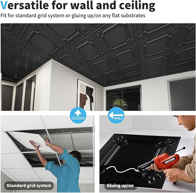Art3d Drop Ceiling Tiles 24x24 in Black (12-Pack, 48 Sq.ft), Wainscoting Panels Glue Up 2x2