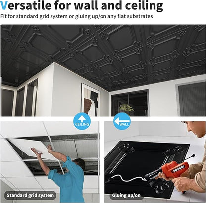 Art3d Drop Ceiling Tiles 24x24 in Black (12-Pack, 48 Sq.ft), Wainscoting Panels Glue Up 2x2