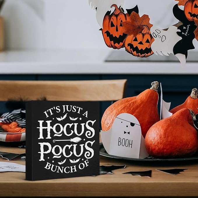 Halloween Sign It's Just a Bunch of Hocus Pocus Wooden Sign Witchy Halloween Decorations for Home Shelf 5 X 5 Inches