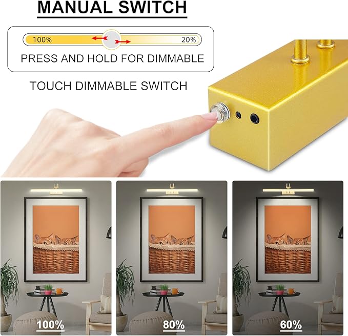 Picture Light,Picture Lights for Wall Cordless,16" Picture Lights with Timer and Dimmable,Battery Wall Lights for Display Gallery Painting Art Frame Portrait-Gold