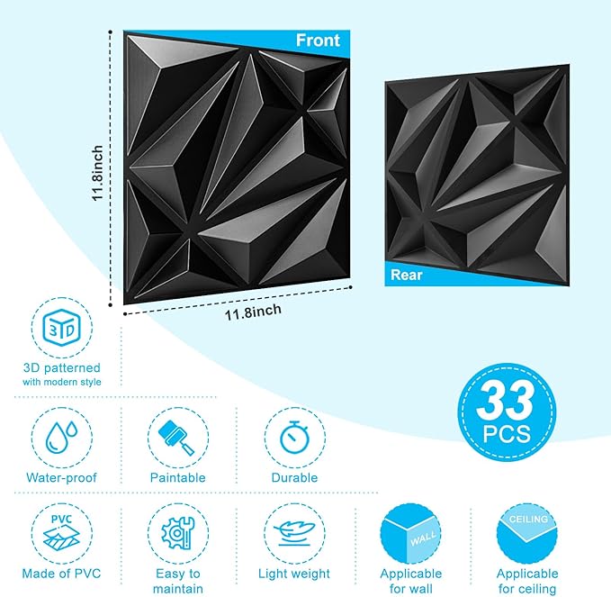 Art3d 33-Pack 3D Wall Panel for Interior Wall Décor, Diamond Textured PVC Accent Wall Paneling for Living Room Bedroom Office TV Wall Background, 11.8"x11.8" Cover 32.Sq.Ft., Black