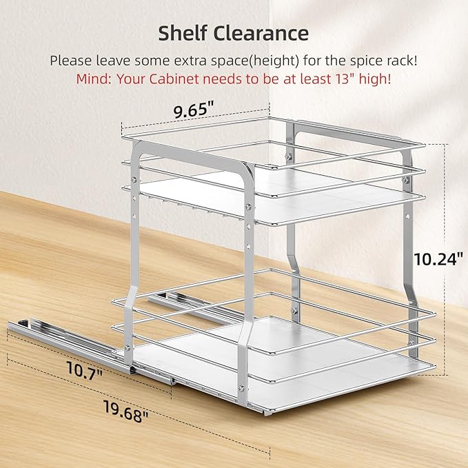 Pull Out Spice Rack Organizer for Inside Cabinet, 2 Tier Metal Spice Organization for Cabinet, Vertical Slide Out Seasoning Organizer, 9.65