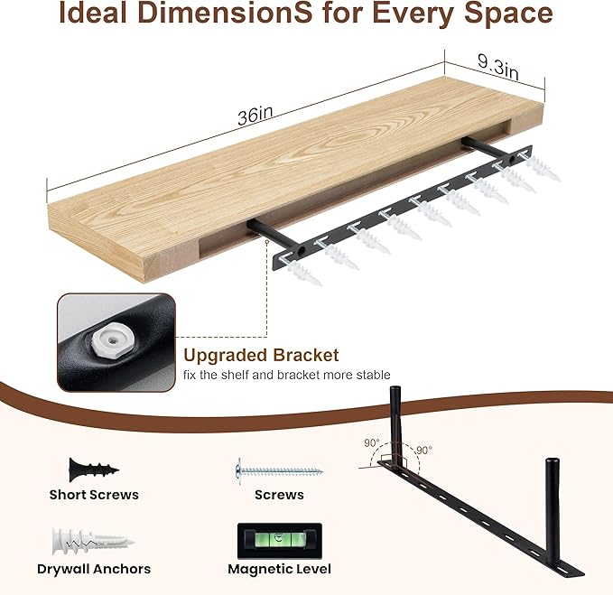 RICHFOCUS Floating Shelves for Wall | 36W x 9.3D Rustic Floating Shelves with Solid Ash Wood Veneer Set of 2 | Wood Wall Shelves with Upgraded Brackets | for Living Room Bathroom Home Office