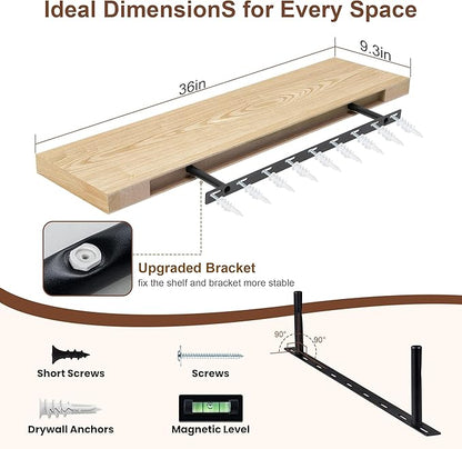 RICHFOCUS Floating Shelves for Wall | 36W x 9.3D Rustic Floating Shelves with Solid Ash Wood Veneer Set of 2 | Wood Wall Shelves with Upgraded Brackets | for Living Room Bathroom Home Office