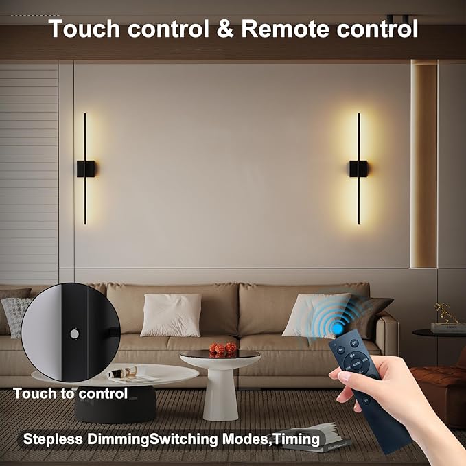 Shineled Wall Sconces Set of 2, 29'' Battery Wall Sconce with Remote Control, 350° Black Rotatable Dimmable Wall Lamp, Wireless Wall Lights for Bedroom, Living Room