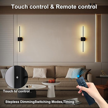 Shineled Wall Sconces Set of 2, 29'' Battery Wall Sconce with Remote Control, 350° Black Rotatable Dimmable Wall Lamp, Wireless Wall Lights for Bedroom, Living Room