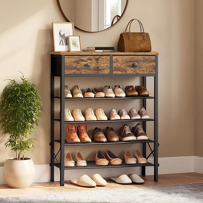 5 Tier Shoe Rack with Adjustable Height (37.4”-44.5”), Shoe Storage Shelf with 2 Non-Woven Drawers, Wooden Shoe Organizer for Entryway, Cloakroom, Rustic Brown and Black SS11BR
