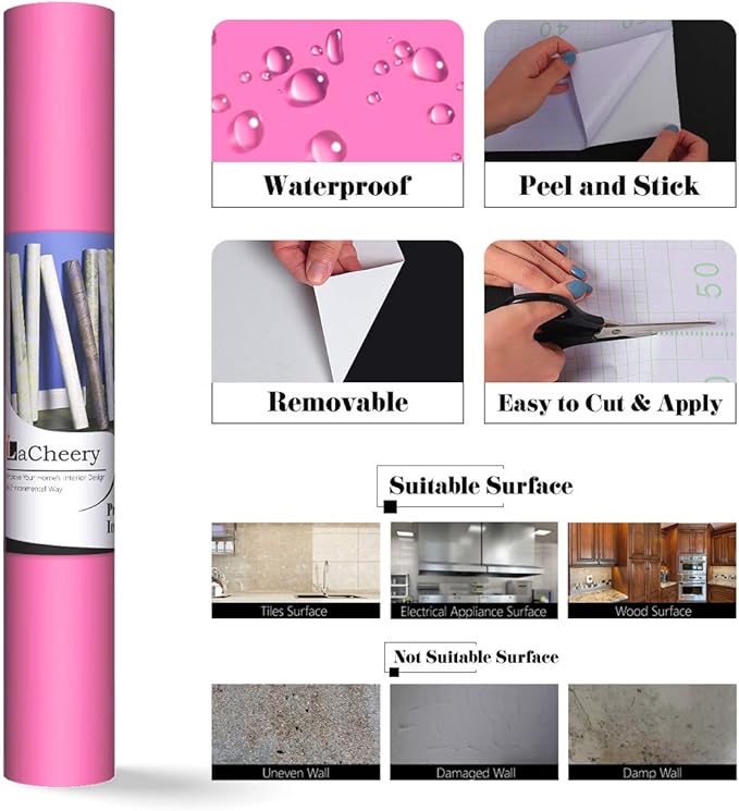 LACHEERY Pink Peel and Stick Wallpaper Solid Pink Wallpaper Textured Pure Pink Contact Paper for Girls Kids Bedroom Princess Room Nursery Accent Walls Removable Self Adhesive Wall Coverings 12"x317"