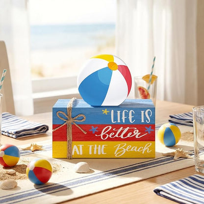 Geelin 4 Pcs Summer Beach Wooden Book Stack Signs, Life is Better at The Beach Tiered Tray Decor, Coastal Nautical Table Shelf Centerpiece for Home Kitchen Living Room House Decorations