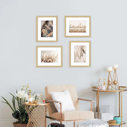 ATOBART 8x10 Picture Frame Set of 4, Displays 5x7 with Mat or 8x10 Without Mat, Photo Frames for Wall Hanging or Tabletop, Includes HD Plexiglass, Natural Wood Grain
