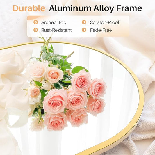 Bathroom Mirror for Wall, 36x24 Inch Arched Mirror, Matte Gold Metal Framed Bathroom Vanity Mirror for Restroom Farmhouse, Anti-Rust, Tempered Glass, Hanging or Leaning