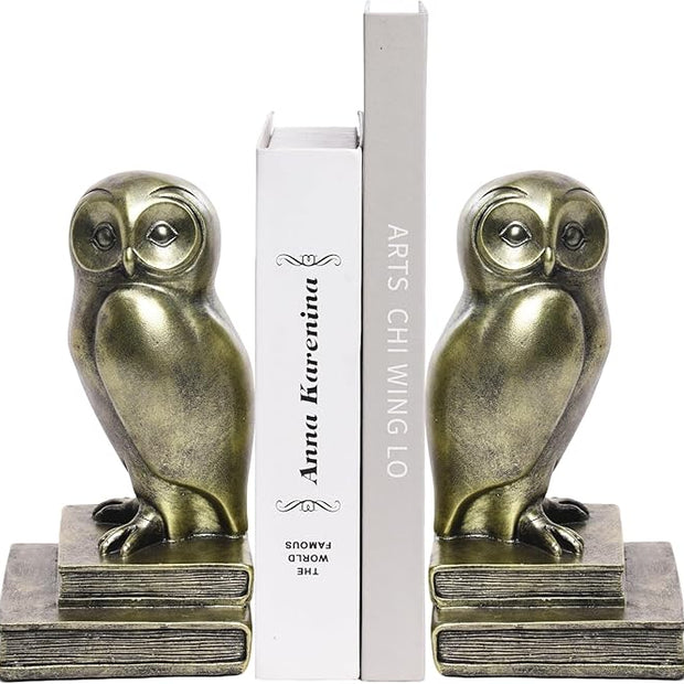 Vintage Gold Owl Bookends,Resin Animal Decorative Book Ends for Shelves,Book Holder with Anti-Slip Base,Luxurious Bird Bookends for Kids Rooms Office Home Decor,Unique Book Lover Gift
