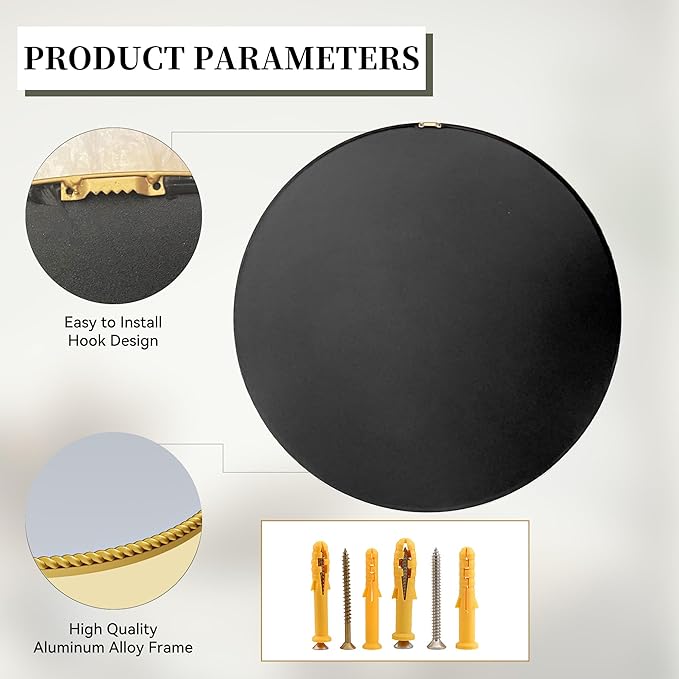 PROHOMEWARE Gold Round Bathroom Mirrors, 24 inch Circle Wall Mounted Hanging Mirror for Entryway, Living Room, Hallway, Bathroom, Bedroom