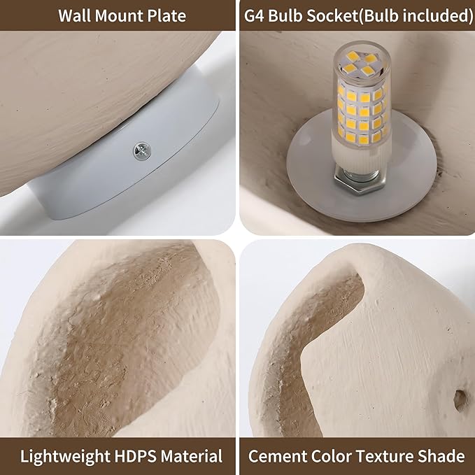 Modern Wall Sconce Plug in, Indoor Wall Light Fixture, Retro Industrial Cement Stone Style Wall Mounted Lamp for Living Room Bedroom Restaurant Vanity Hallway Stairs, Bulb Included