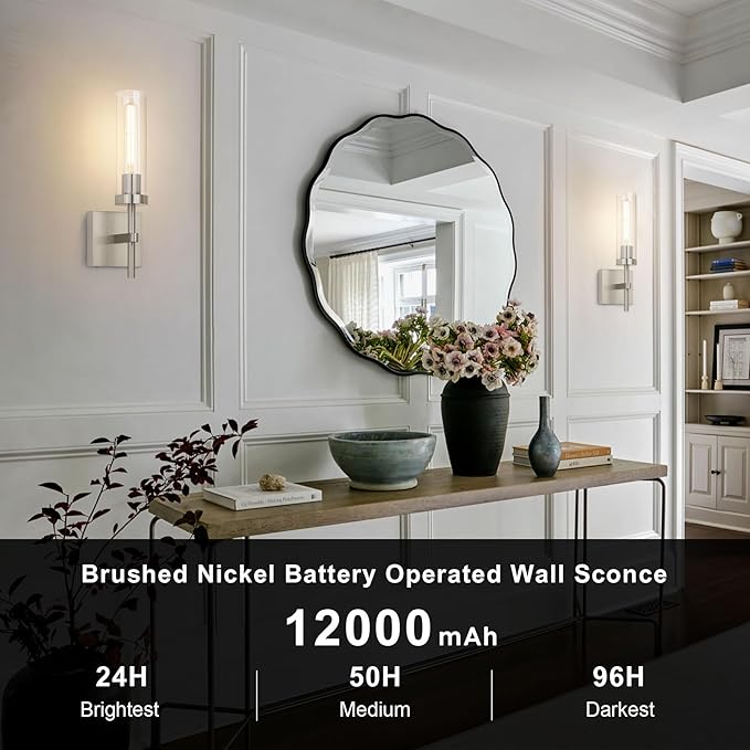 Brushed Nickel Battery Operated Wall Sconces with Remote Control, Wireless Wall Sconce Set of 2, Rechargeable Cordless Wall Lights for Living Room Bathroom Hallway Entryway Stairwell, 3000K