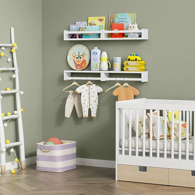 Forbena Floating Nursery Book Shelves for Wall Set of 4, White Wall Bookshelf for Kids Room, Small Wood Book Shelf Bookshelves for Baby Teen Boys Girls Bedoom Bathroom Toy and Decor Storage