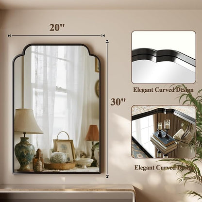 GLSLAND 20"x30" Petal Arch Bathroom Mirror – Modern Metal Frame Vanity Mirror with Scalloped Edge for Over Sink, Bedroom, Living Room, Entryway, Non-Rusting Decorative Wall Mirror, Black