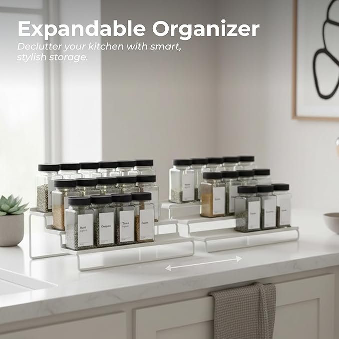 Tiered Spice Rack Organizer – Warm Gray Metal Countertop & Cabinet Spice Stand, Strong & Sturdy 3-Tier Shelf for Kitchen, Pantry, Seasoning Bottles – Minimal Scandinavian Design