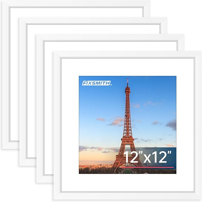 FIXSMITH 12x12 Picture Frame White Set of 4, Photo Frame with HD Plexiglass, Display Pictures 8x8 with Mat or 11x17 Without Mat, White Picture Frames Collage Wall Decor, Gallary Wall Frame