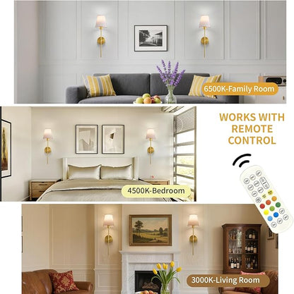 Battery Operated Wall Sconce Set of 2, Gold Rechargeable Wireless Wall Lights with Remote - 5000mAh Dimmable RGB Bulbs | 15 Color, Cordless Wall Lamps for Bedroom, Living Room, Hallway Decor
