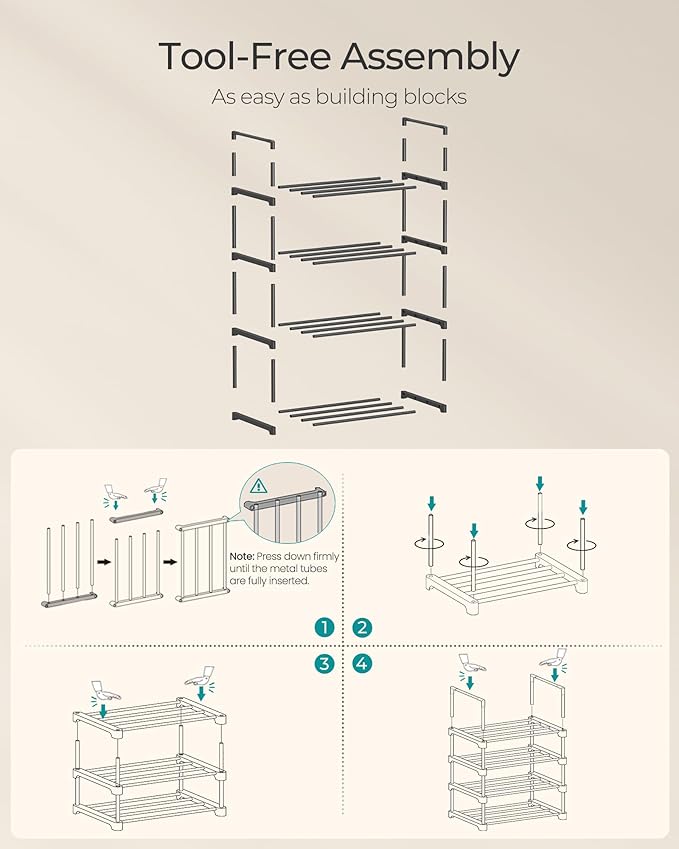 SONGMICS Shoe Rack, 4-Tier Shoe Organizer, Metal Storage Shelf, Upright or Upside Down, for 5-10 Pairs, Stackable, for Entryway, 11.8 x 16.7 x 28.2 Inches, Black ULSA004B01