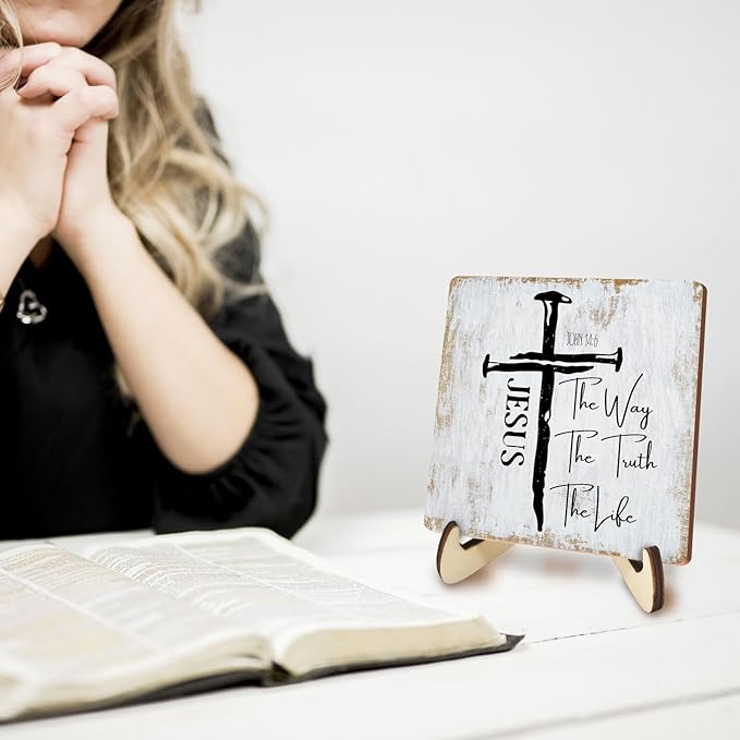 Inspirational Sign Rustic Desk Decor Decorative Christian Gifts Religious Bible Verse Motivational Decoration for Home Living Room Restaurant Office Table Shelf Tiered Tray Plaque with Wood Stand