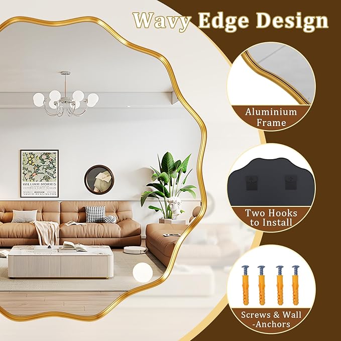 24 Inch Scalloped Round Wall Mirror, Gold Wavy Edge Frame Circle Mirror for Bathroom, Bedroom, Entryway, Living Room for Wall Decor