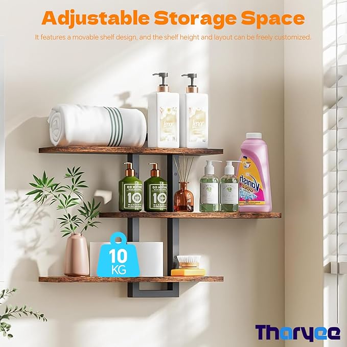 Floating Shelves for Wall Decor, 3 Tier Wall Mounted Storage Shelves, Bathroom Shelves, Decorative Hanging Storage Shelf for Living Room, Bedroom, Kitchen (Brown, 3 Tier)