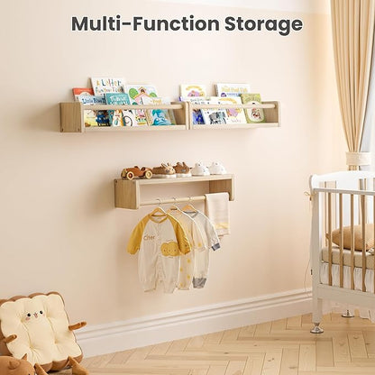 upsimples 2 Pack Nursery Book Shelves, 15.7 Inch Floating Bookshelves for Wall, Baby Nursery Decor, Small Solid Wood Wall Mounted Shelves for Baby Kids Boys Girls, Natural