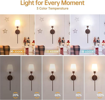 Battery Operated Wall Sconces Set of 2, Walnut Color Wall Lamp 6000 mAh Rechargeable Bulb with 12 RGB Colors Dimmable Wall Sconce for Living Room Bedroom