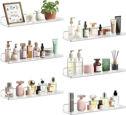 Lifewit Floating Shelves 6 Pack, 15" Acrylic Room Decor Shelves for Book/Figures/Photo/Makeup, Clear Wall Shelf for Bathroom, Living Room, Bedroom, Kitchen Storage and Organization 38 x 9 cm/15x4