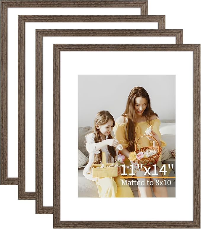 ATOBART 11x14 Picture Frame Set of 4, Displays 8x10 with Mat or 11x14 Without Mat, Photo Frames for Wall Hanging or Tabletop, Includes HD Plexiglass, Brown