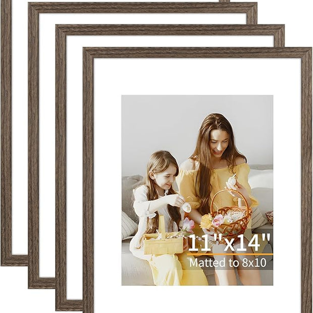 ATOBART 11x14 Picture Frame Set of 4, Displays 8x10 with Mat or 11x14 Without Mat, Photo Frames for Wall Hanging or Tabletop, Includes HD Plexiglass, Brown