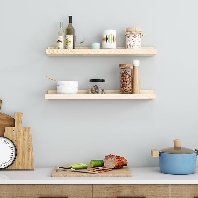 Picture Ledge Shelf for Wall, 24 inch Solid Ash Wood Nursery Book Shelves 2 Packs, Floating Shelves for Kids' Room Bedroom Bathroom Living Room Photo Frames Office Nursey Wall Decor, Natural