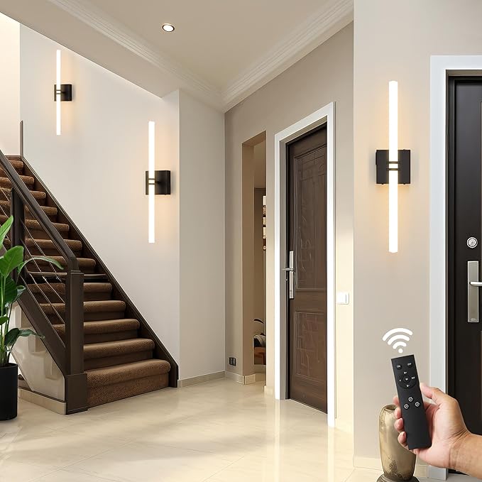 Battery Operated Wall Sconce 1Pack, Black Rechargeable Wall Lights with Dimmable Remote Control, 22 Inch 3000K-6000K LED Wireless Wall Lamps for Bedroom, Hallway, Background Wall