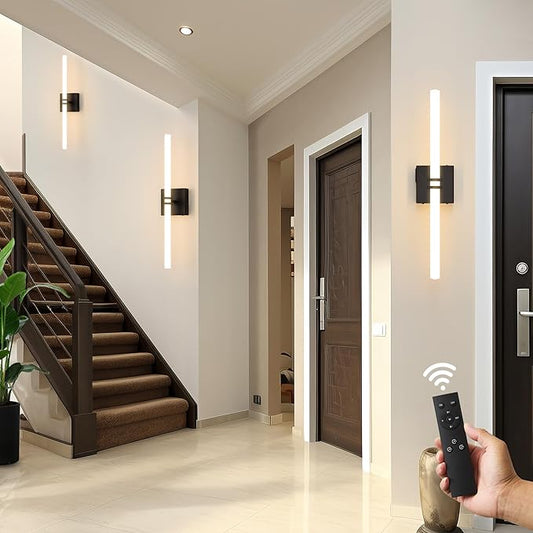 Battery Operated Wall Sconce 1Pack, Black Rechargeable Wall Lights with Dimmable Remote Control, 22 Inch 3000K-6000K LED Wireless Wall Lamps for Bedroom, Hallway, Background Wall